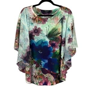 Red Coral Butterfly Floral Embellished Poncho Style Blouse Medium Multicolour